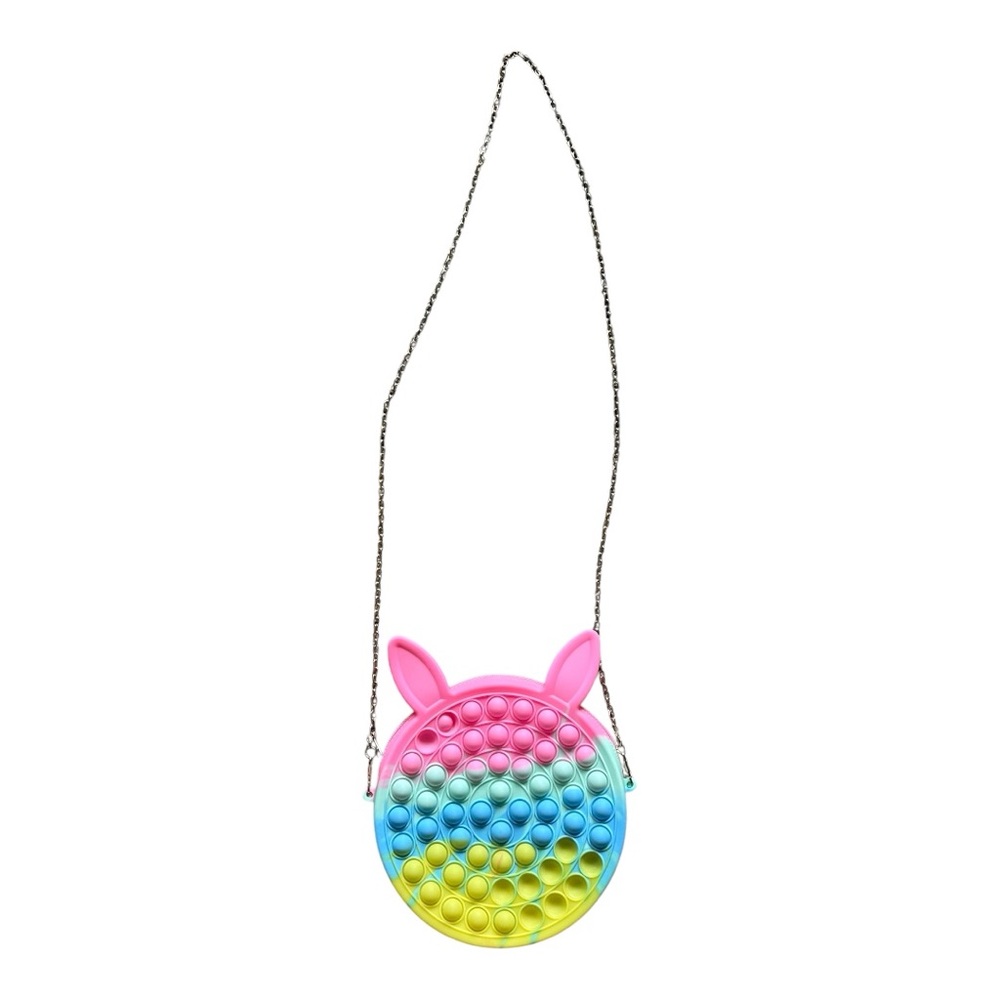 Girls Crossbody Pop It Bunny purse with removable gold strap, chain. Multicolor